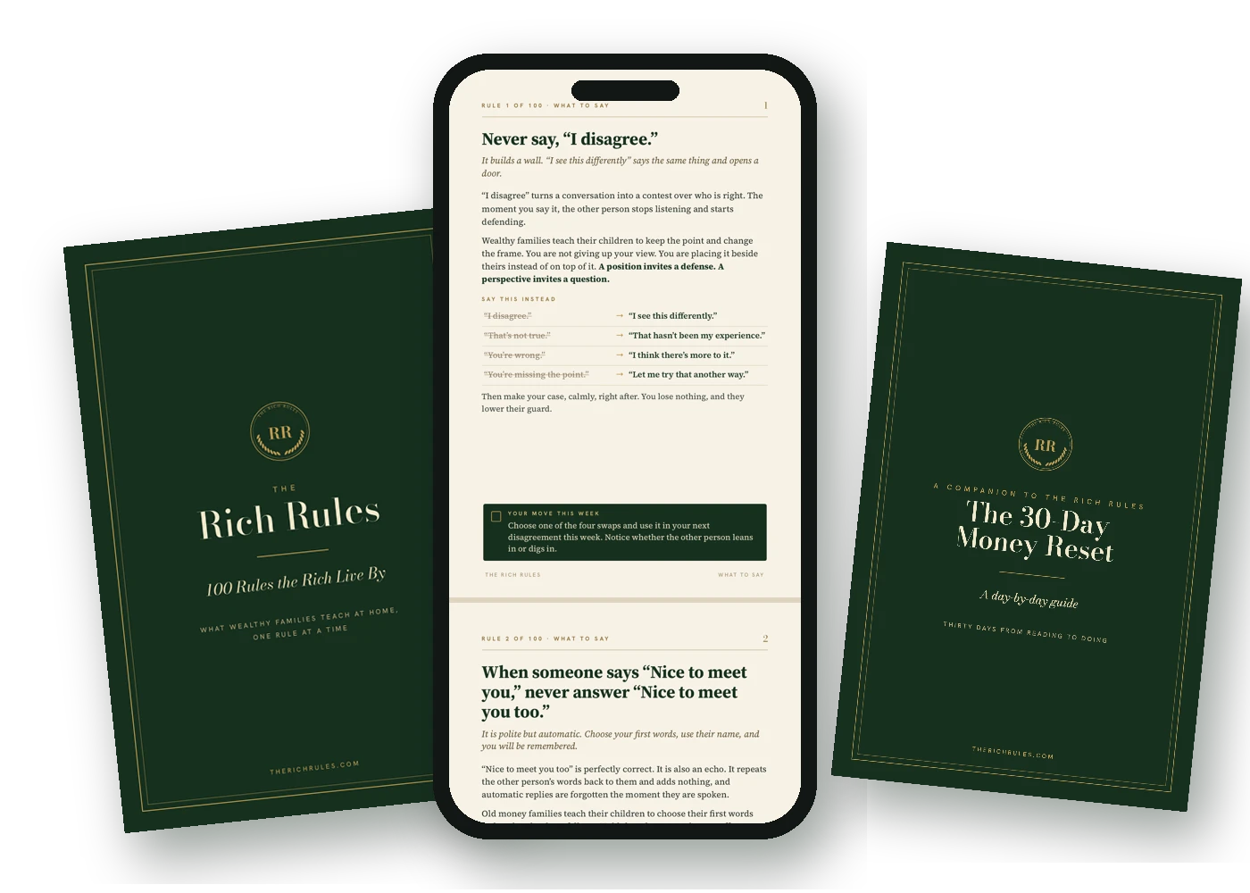 The Rich Rules book, a rule page on a phone, and The 30-Day Money Reset